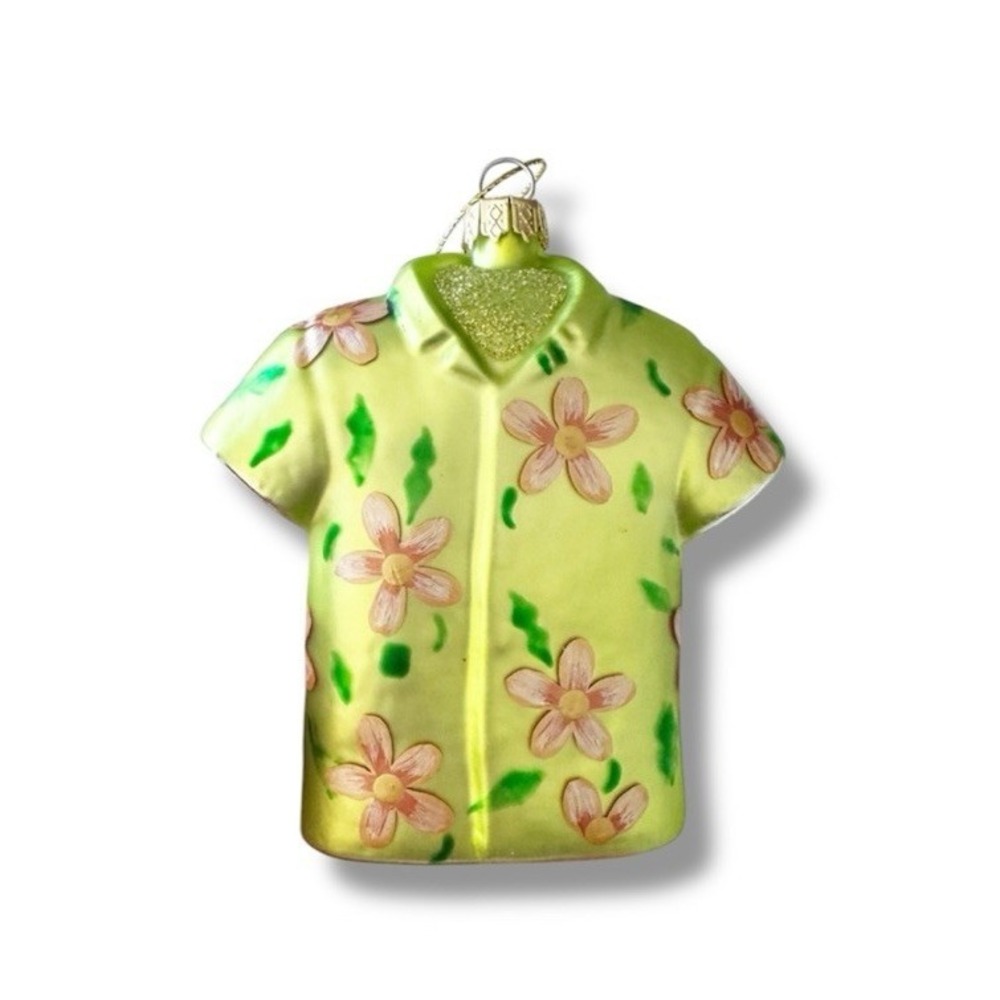 Hawaiian Aloha Shirt Christmas Ornament Hand Blown Glass Plumeria Floral NIB
